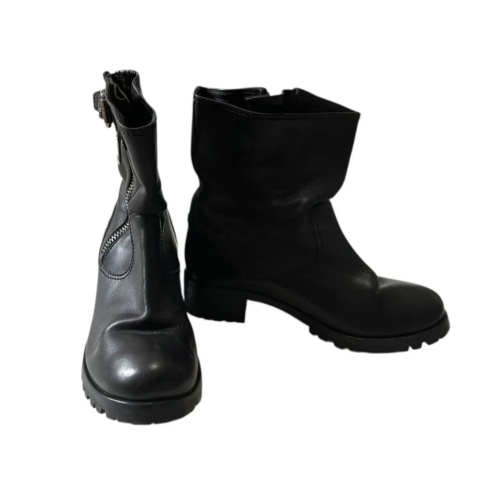 Prada Biker Boots Black Leather Lug Sole Ankle Boots EU 38.5